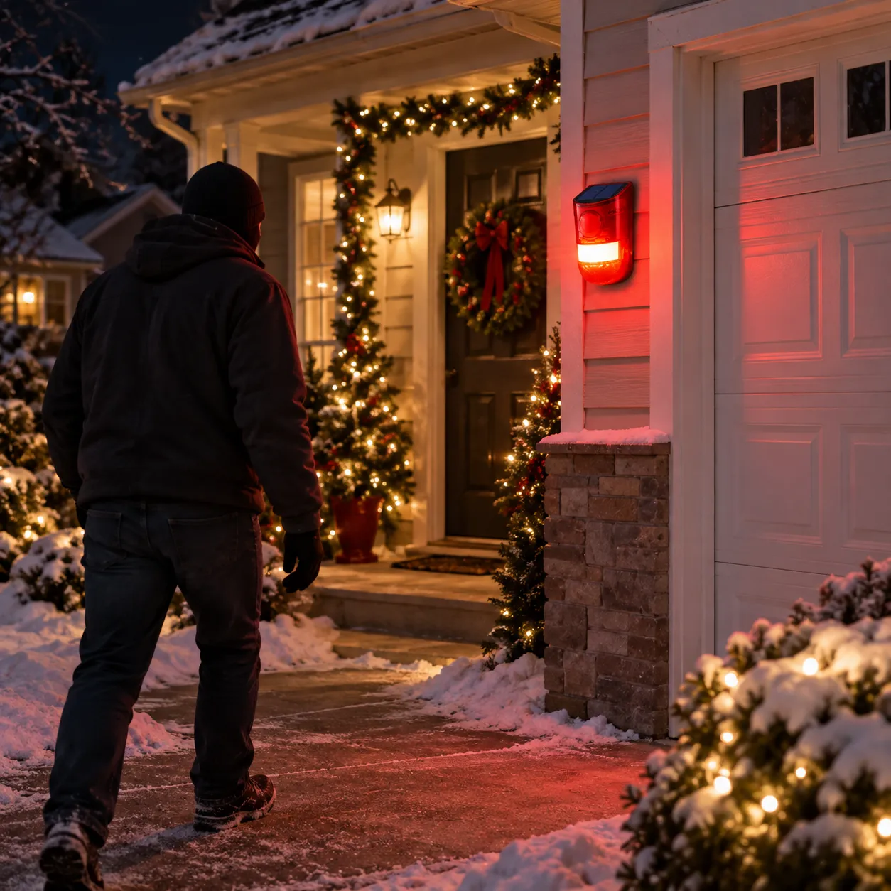 Red solar alarm light protecting a Christmas-decorated front entrance