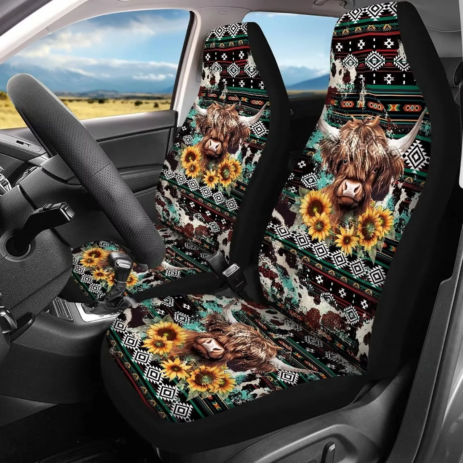 Western Bloom Highland-Rind-Komplettset für Autositzbezüge – Produktabbildung