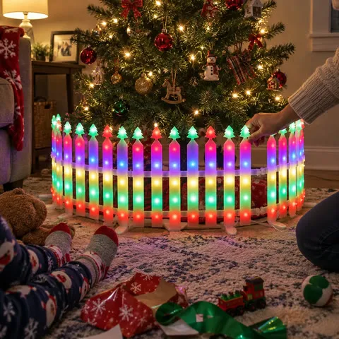 Lighted picket fence around an indoor Christmas tree