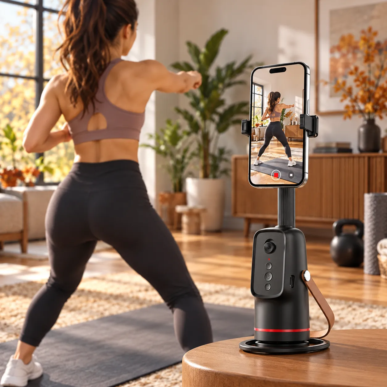 Athlete records a home workout while the Q03 keeps her framed