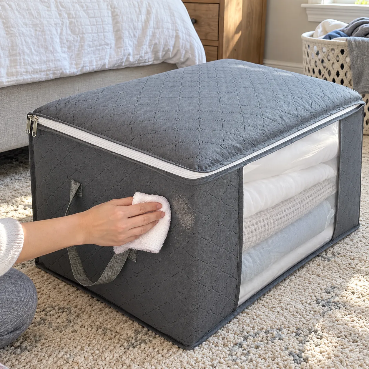 Cleaning one fully assembled storage box with a soft cloth