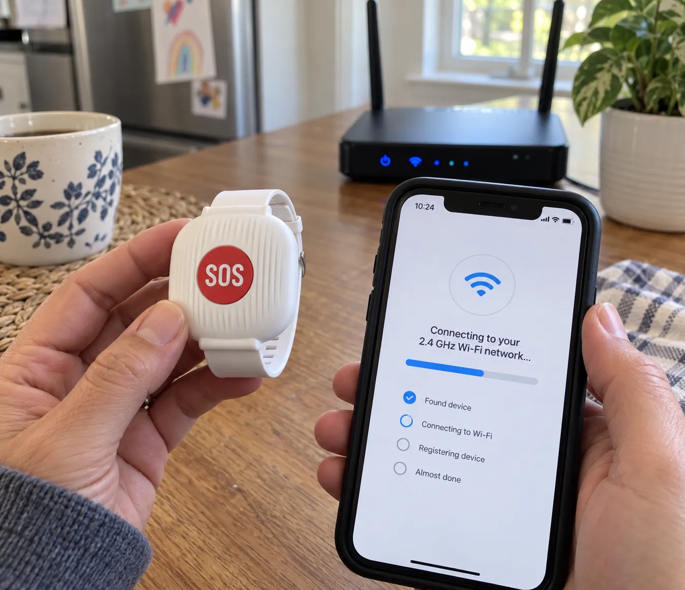 Family member pairing the SOS wrist button with a phone and home WiFi router