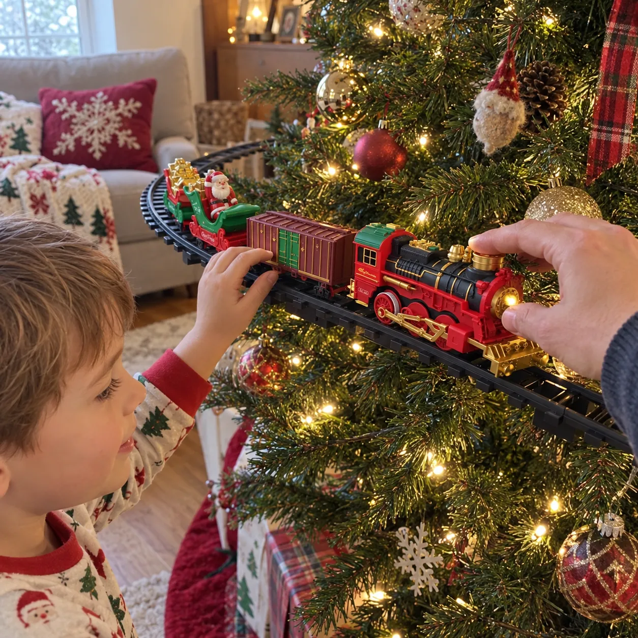 Family hands assembling the holiday train track near a Christmas tree