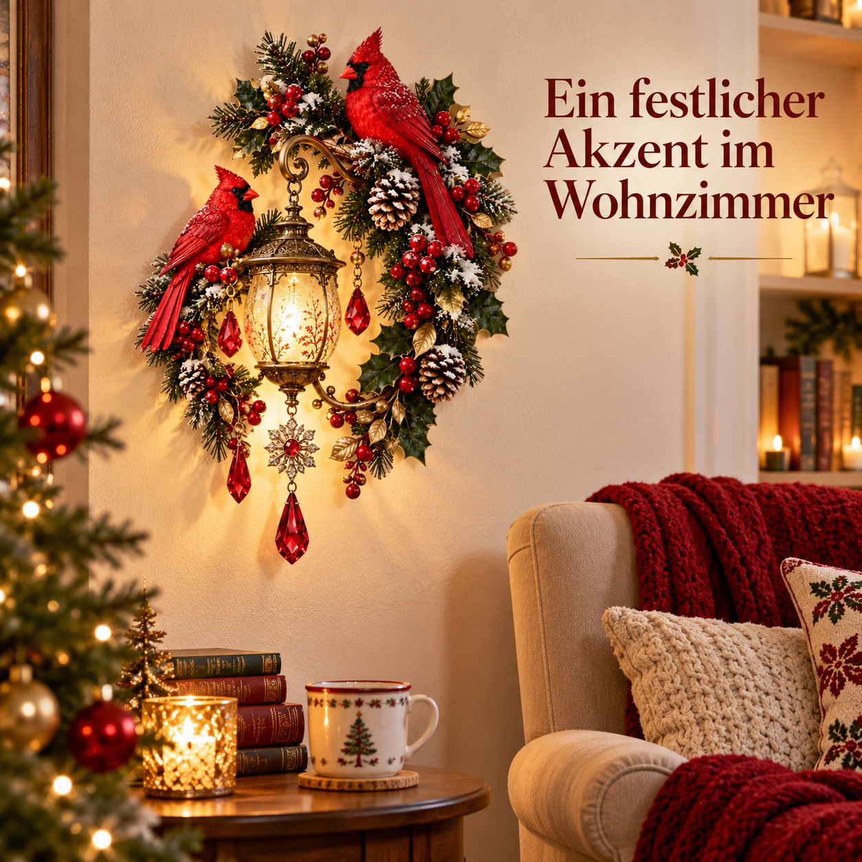 Weihnachts-Wandlaterne mit Kardinalvögeln für warmes Festlicht