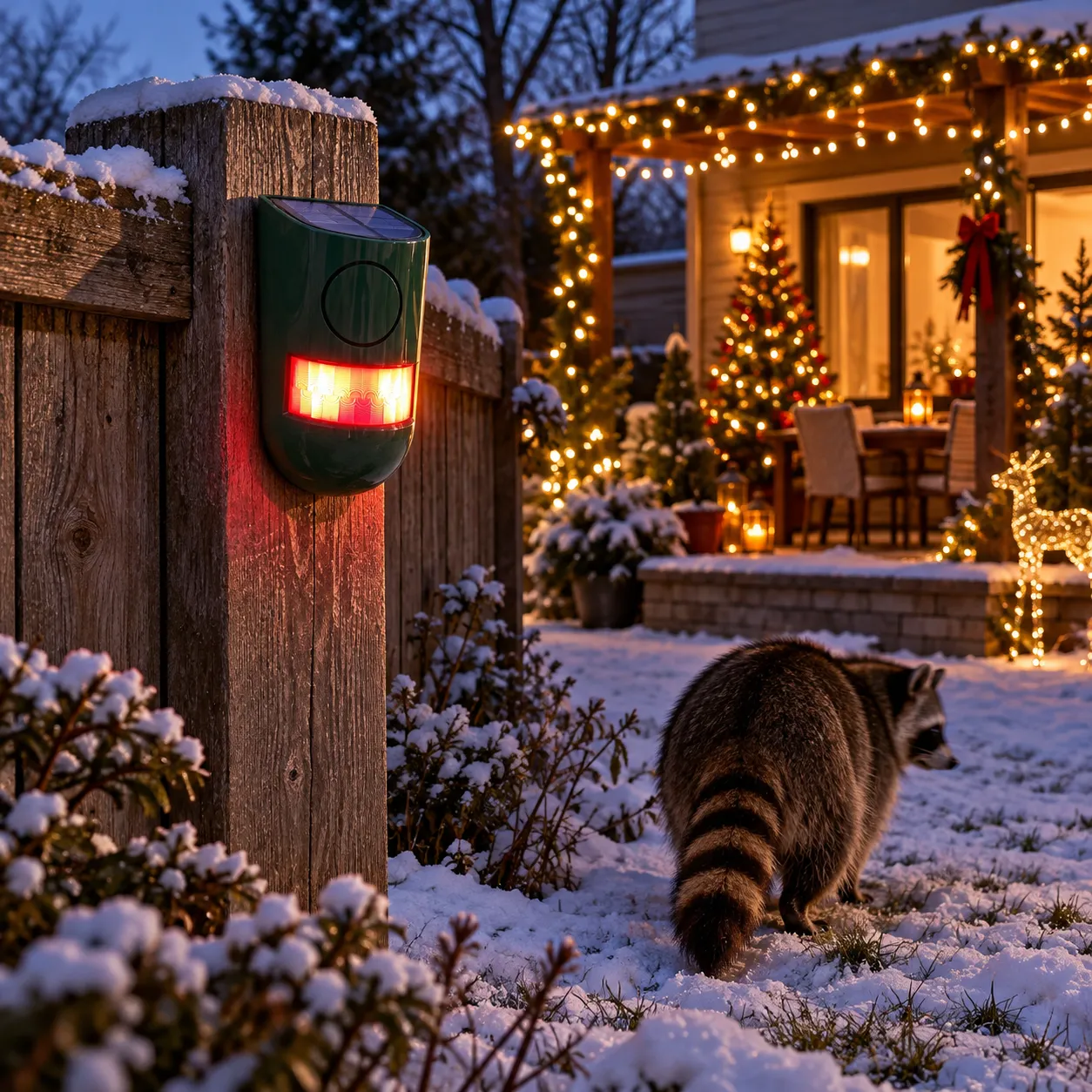 Green solar alarm light on a snowy backyard fence
