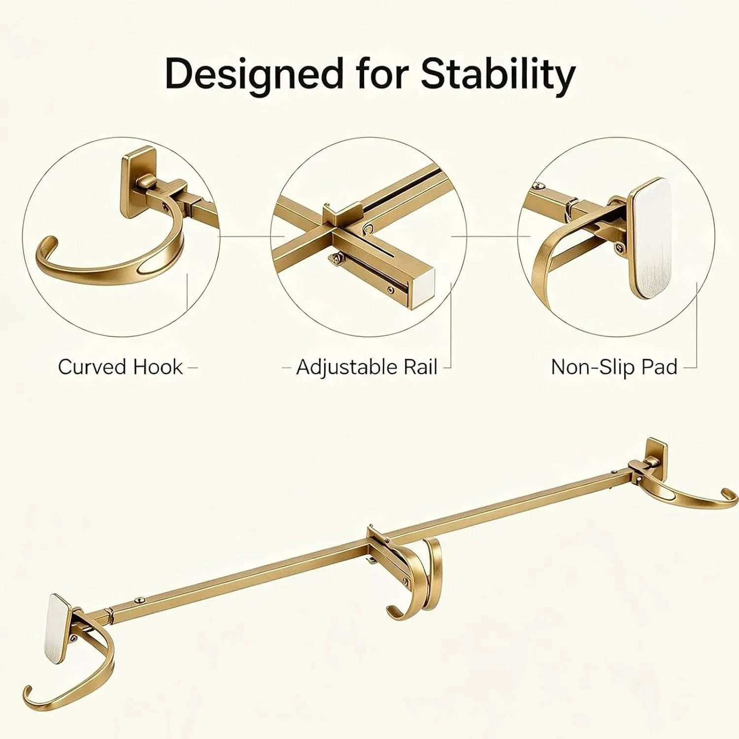 Curved hooks, adjustable rail and padded end plate details