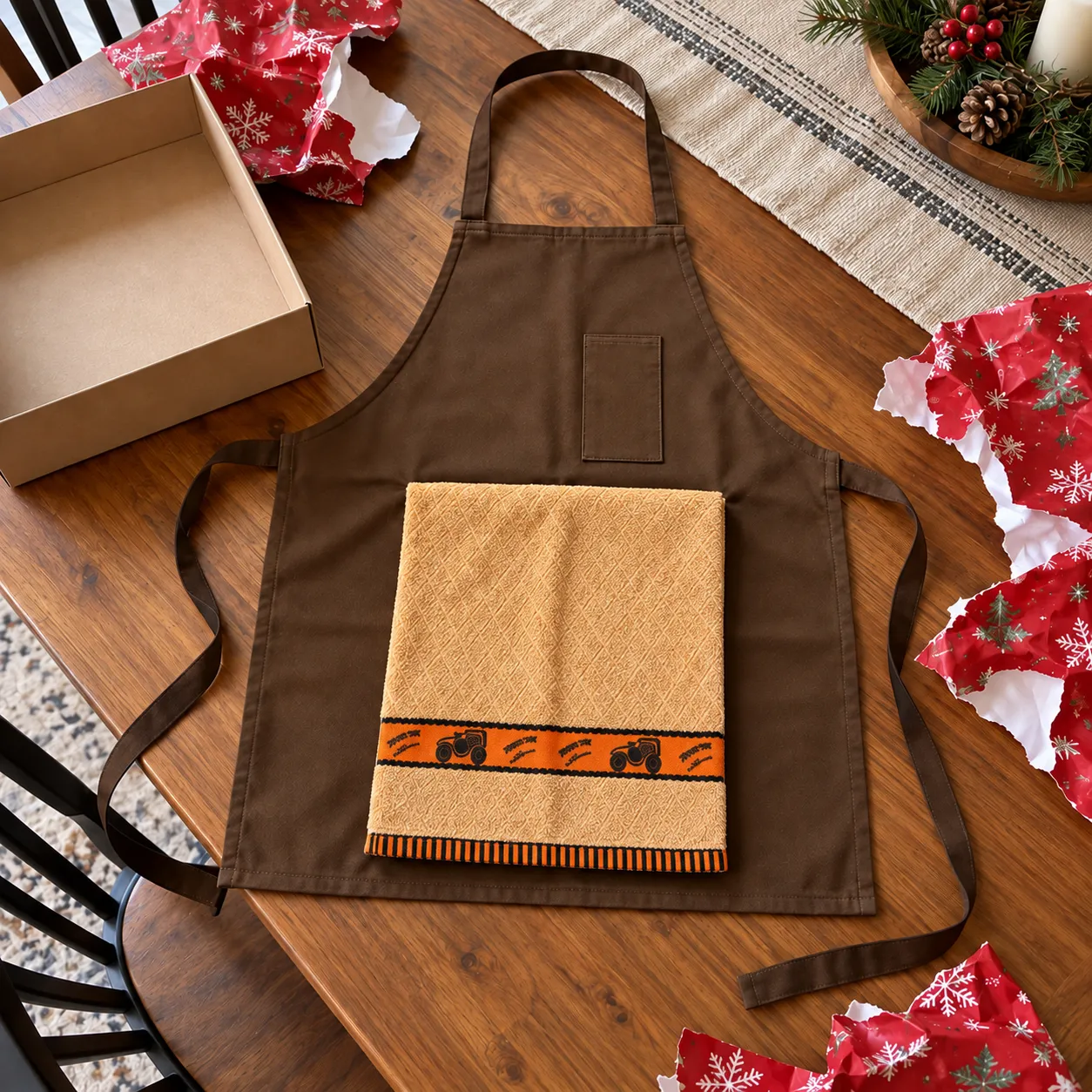 One brown apron and its attached yellow old-car-pattern towel flap