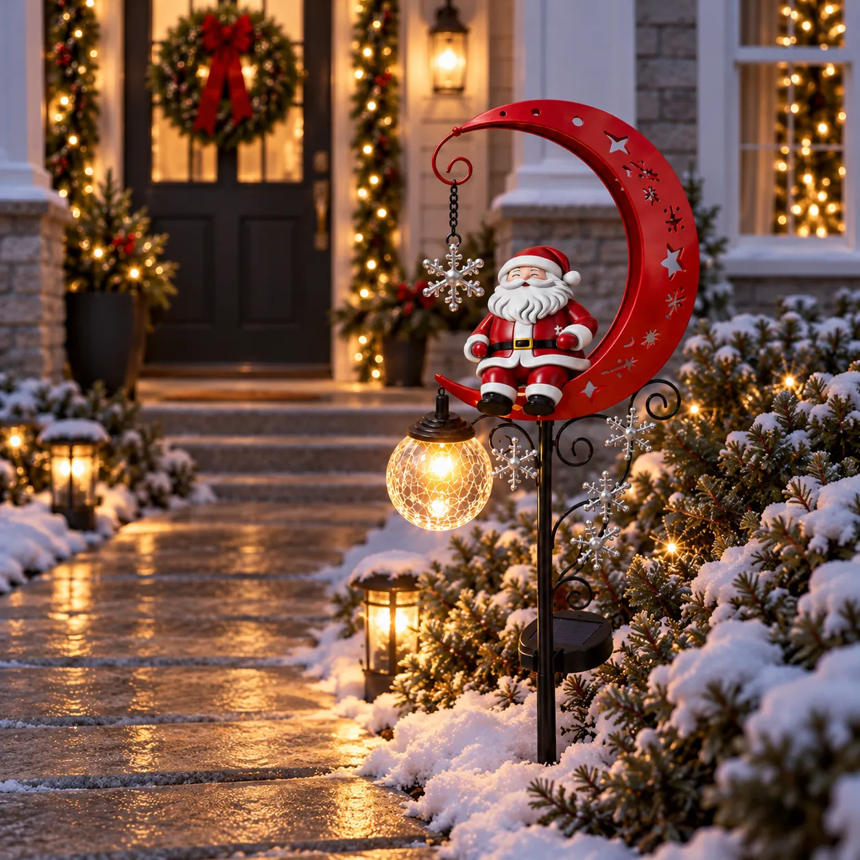 Red Santa moon solar garden light along a snowy walkway