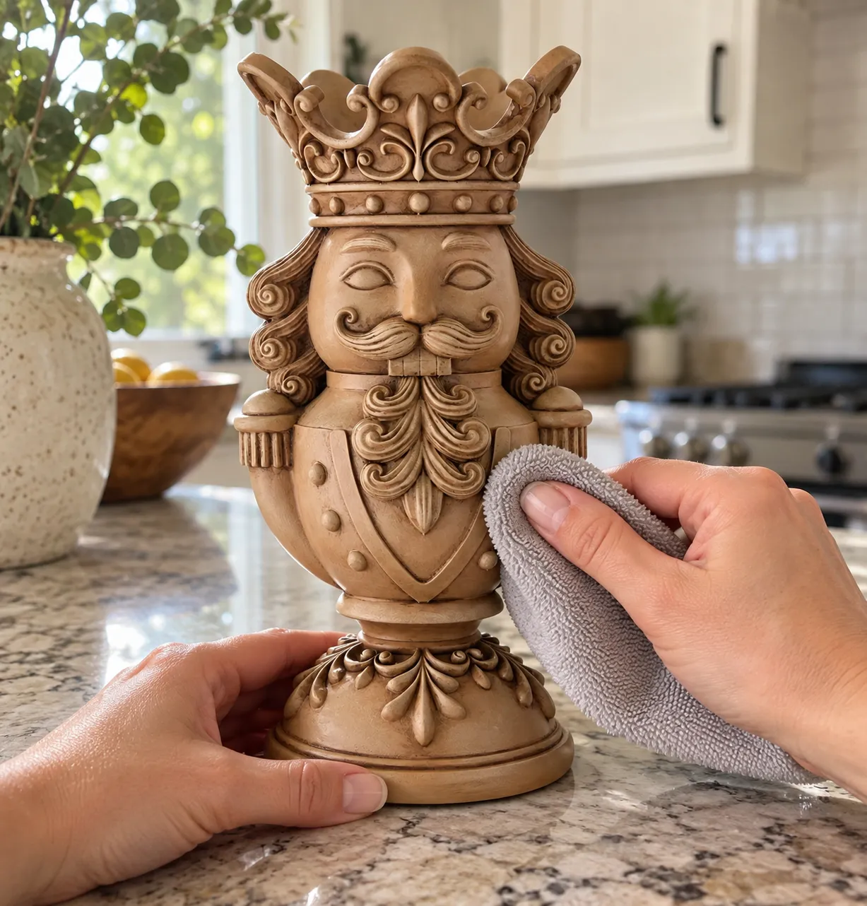 Hands gently dusting the polyresin nutcracker holder with a dry microfiber cloth