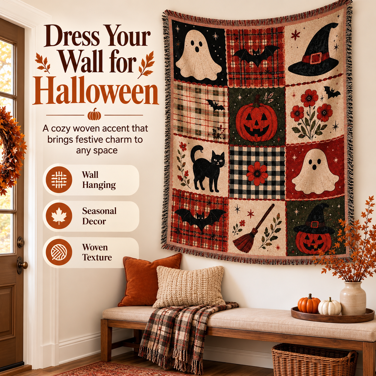 Vintage Holiday Patchwork Woven Throw with Fringe — 51 × 63 in