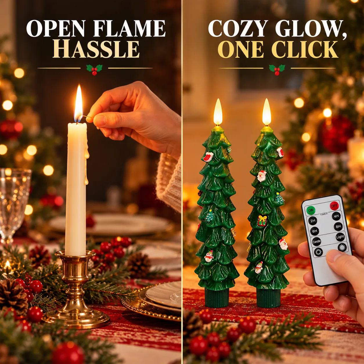 Open flame candle compared with two remote-controlled flameless Christmas tree candles