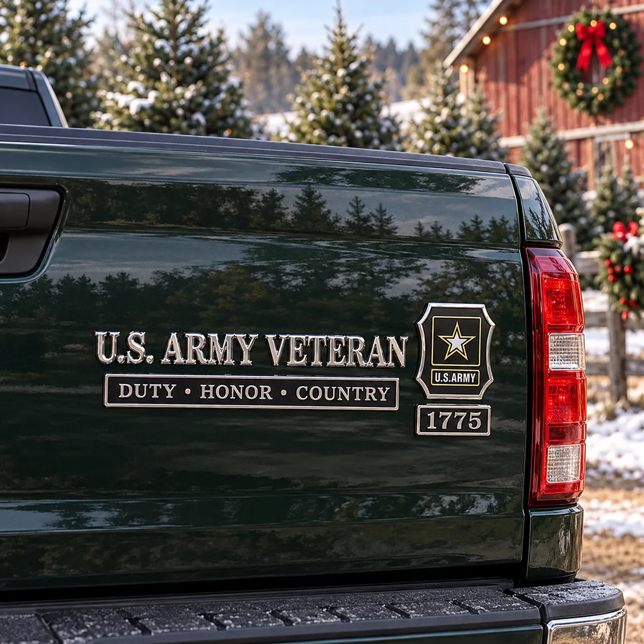Army veteran emblem on a pickup at a Christmas tree farm