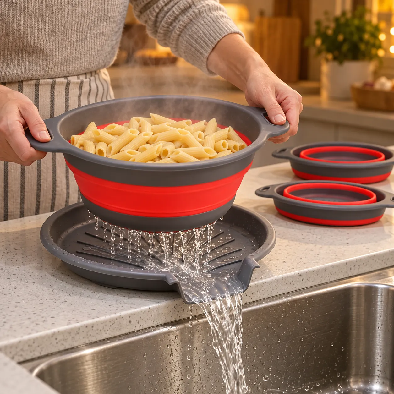 Red collapsible colander safely draining pasta through the spouted base