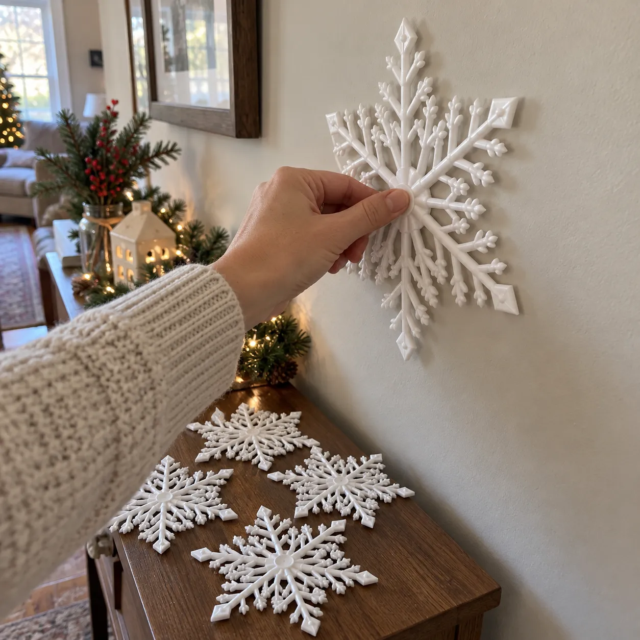 Hand installing a white LED snowflake on a clean wall