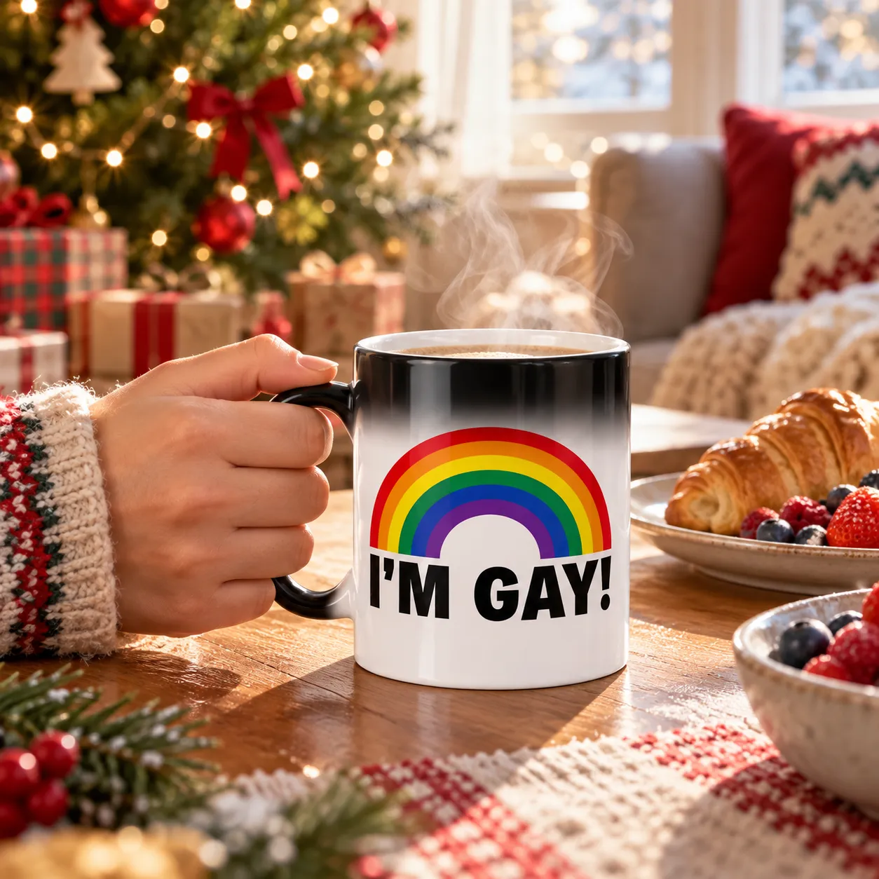 Enjoying the revealed mug at Christmas breakfast