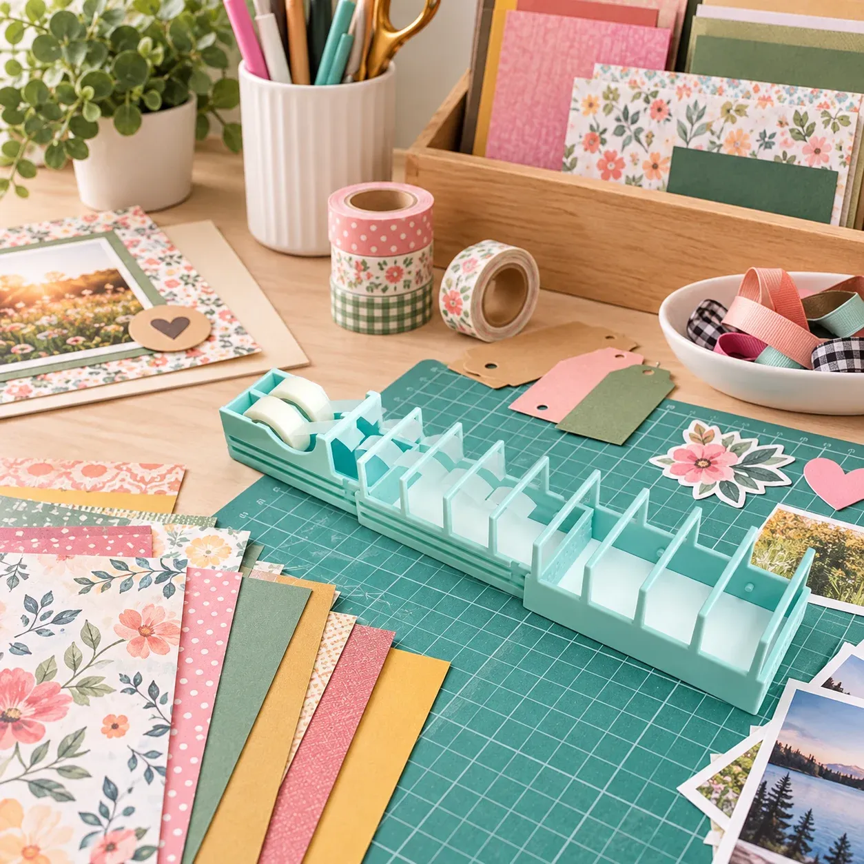 Tape station on a scrapbook table with paper, photos, tags, and ribbon