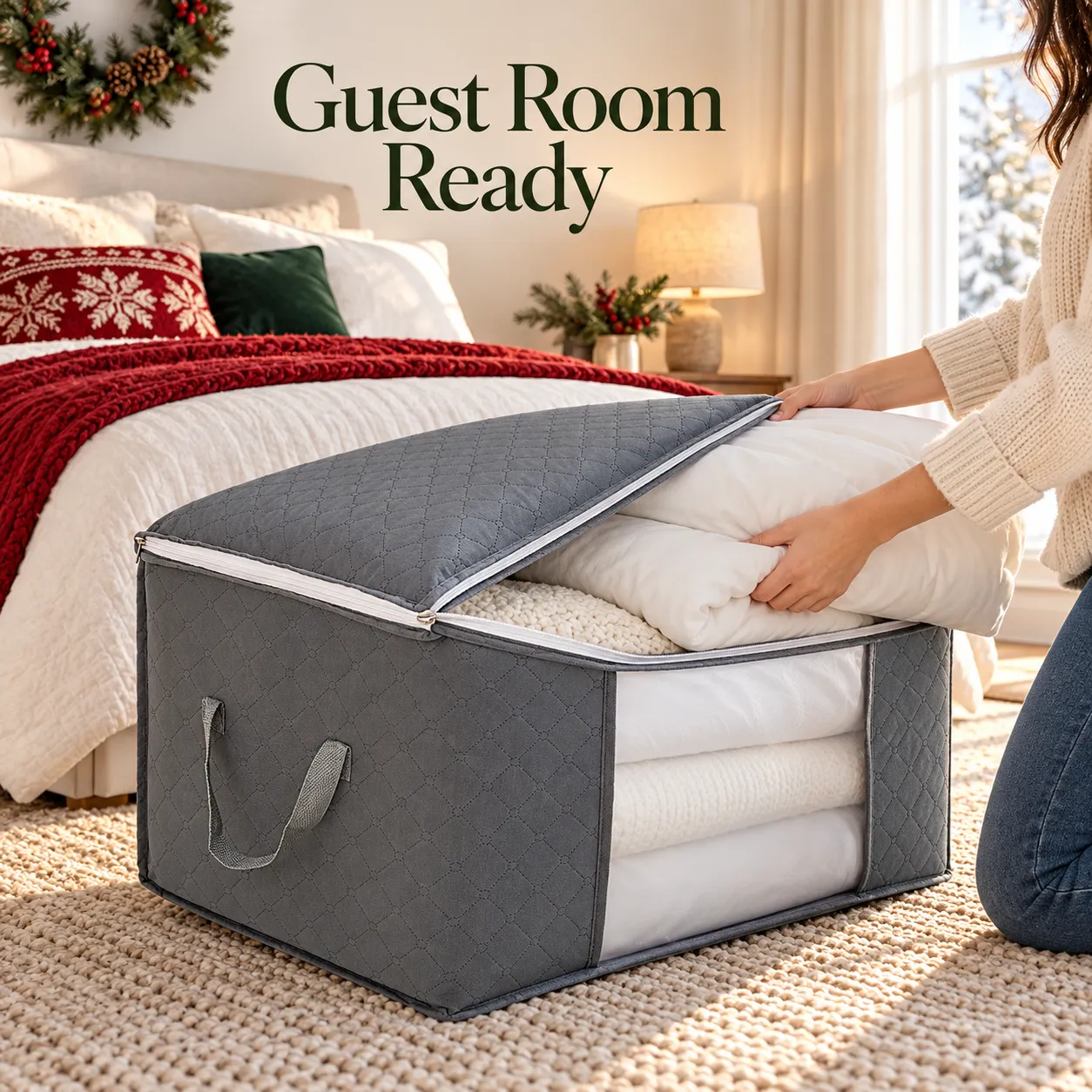 Guest room linens organized in a storage box
