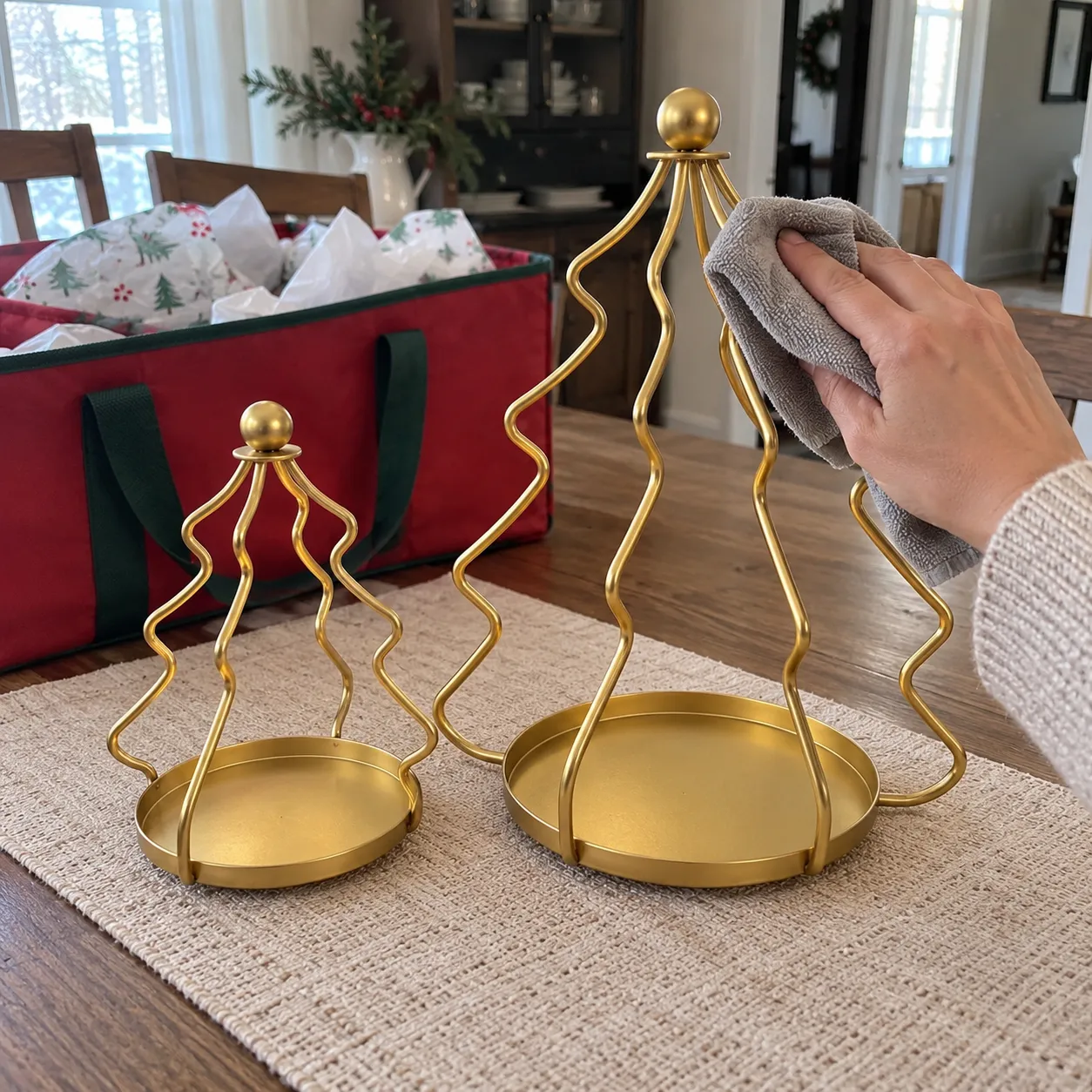 Gold tree candle holders being wiped clean before holiday storage