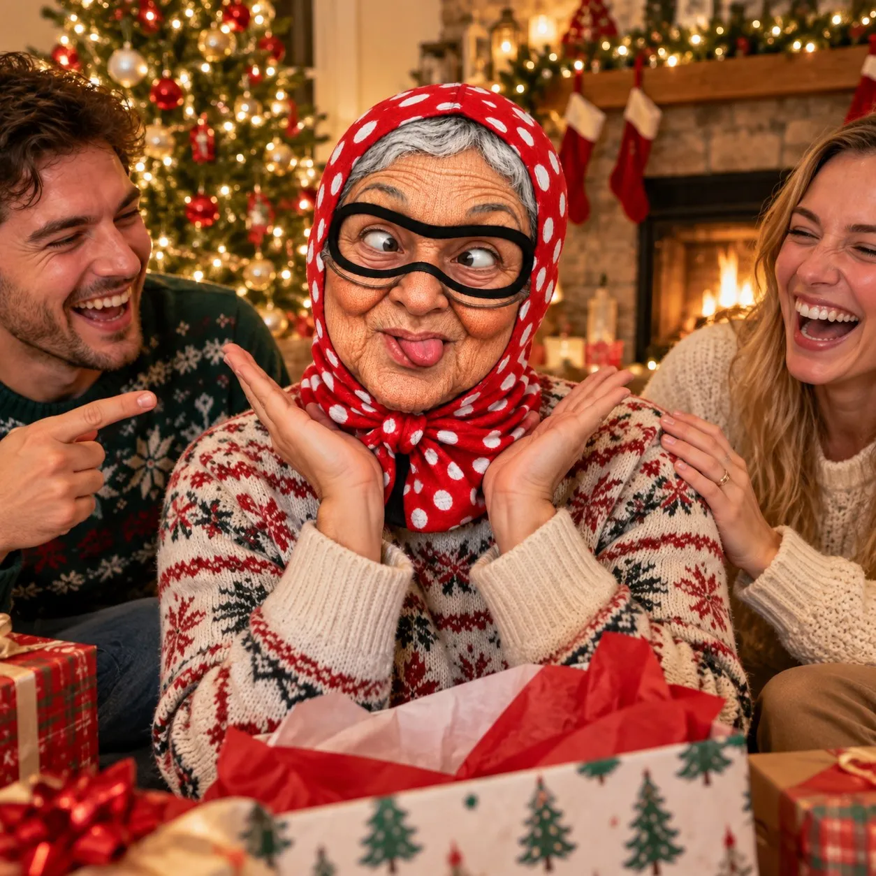 Red polka-dot granny face balaclava at a Christmas gift party