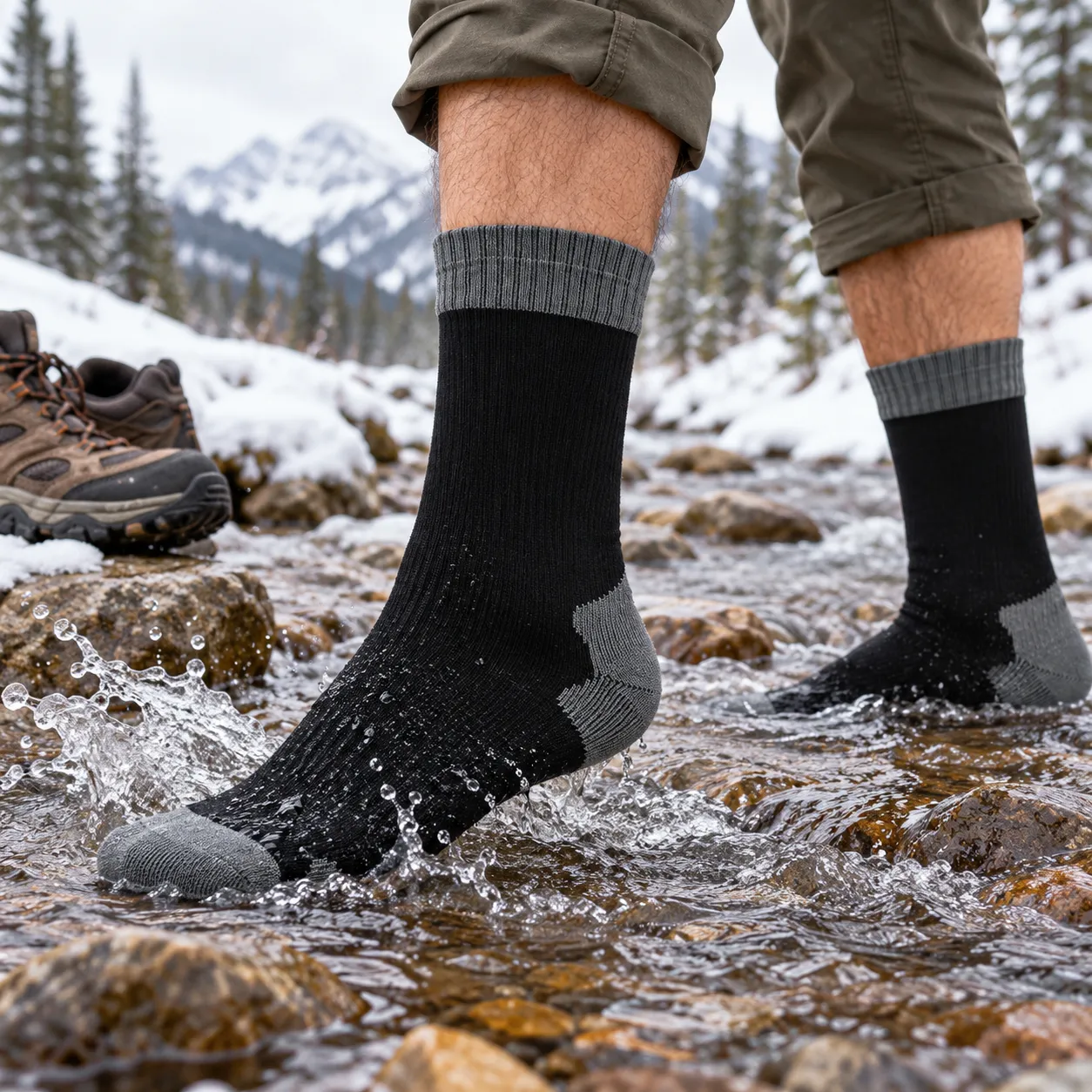 Black and gray waterproof socks worn while crossing a snowy creek