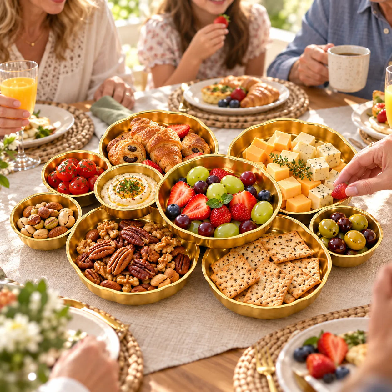 Golden serving bowl cluster arranged for a casual brunch