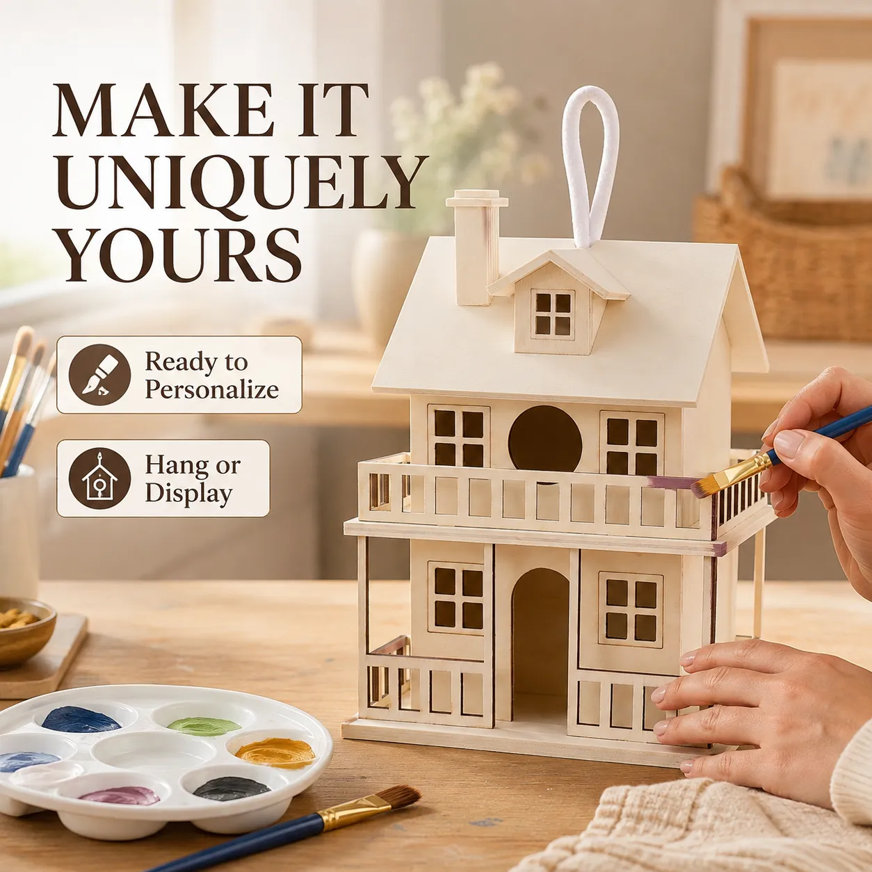 Paint-Your-Own Two-Story Wood Birdhouse – 9-Inch DIY Craft House