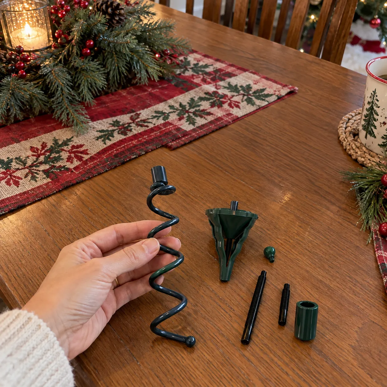 Six-piece dark green and black tree topper holder kit arranged on a holiday table