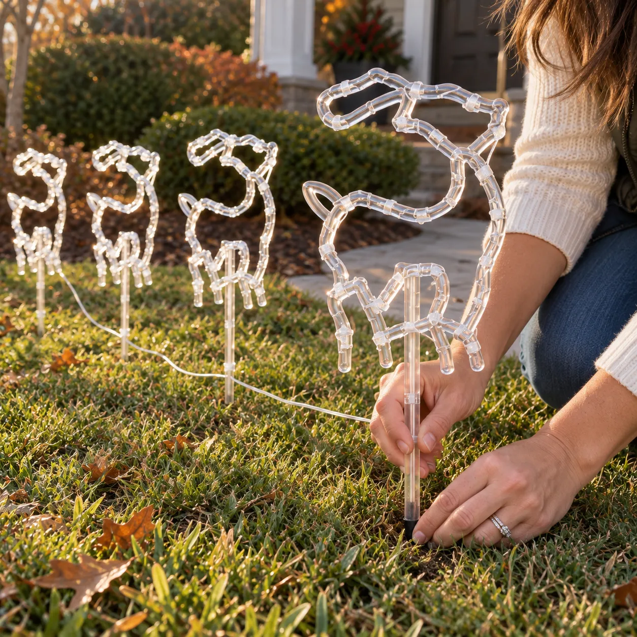 Hands pressing a reindeer light stake into a front lawn