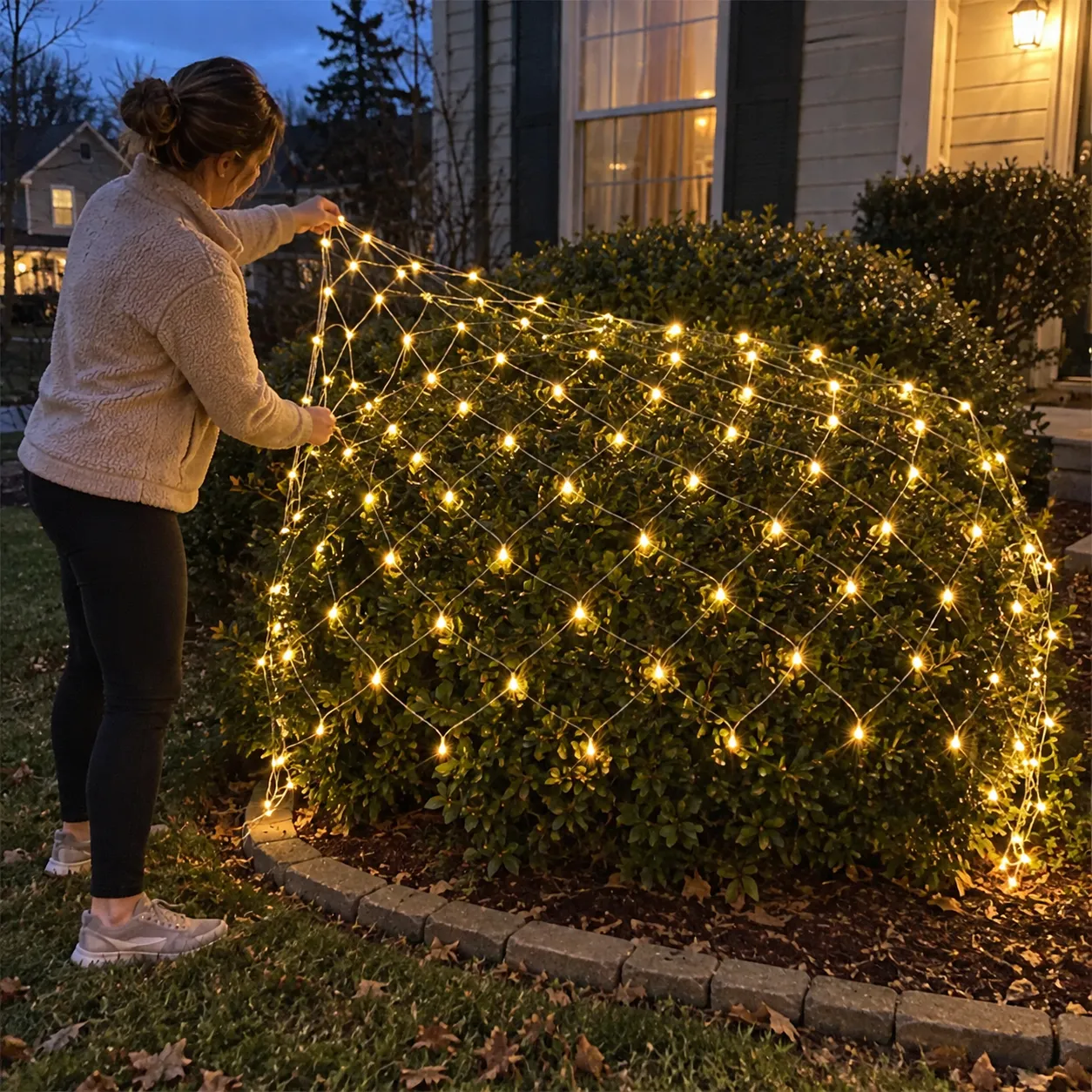 Person spreading the net lights over a shrub