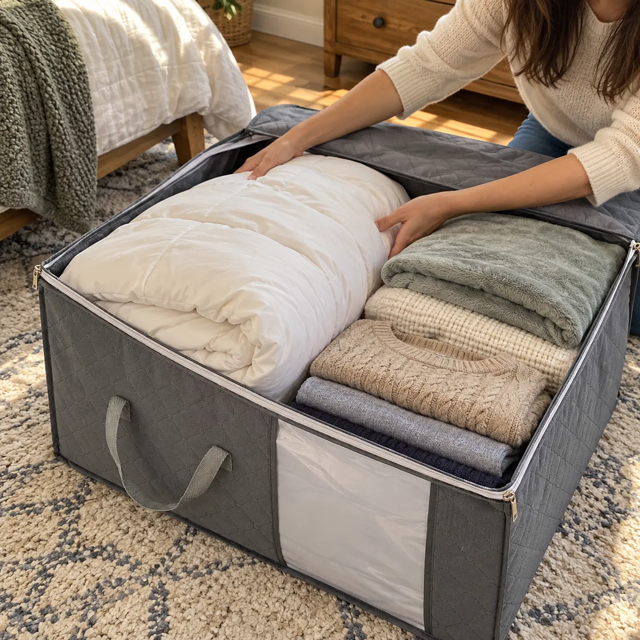Everyday view of a storage box filled with blankets and clothing
