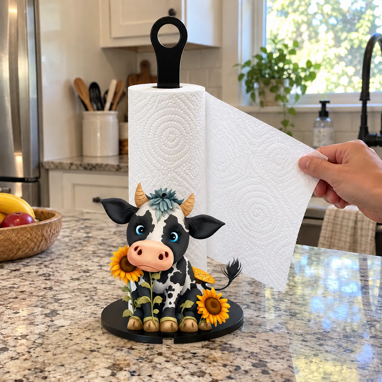 Cow paper towel holder standing on a kitchen counter
