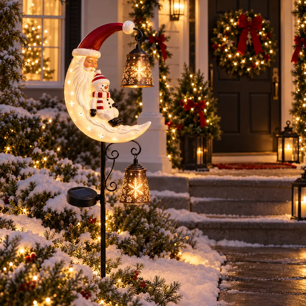 Snowman solar moon garden light beside a decorated snowy porch at night