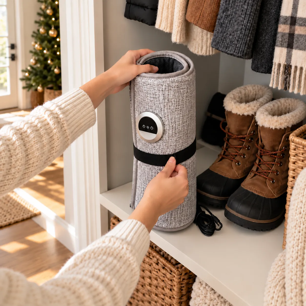 Hands securing the rolled warmer with its black strap beside winter boots