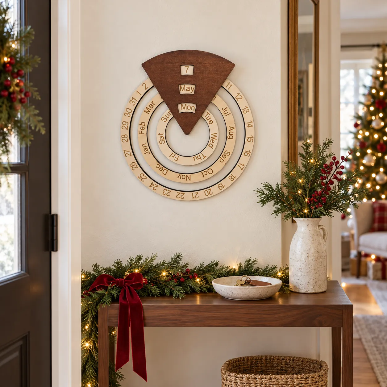 Two-tone wooden perpetual calendar in a Christmas entryway