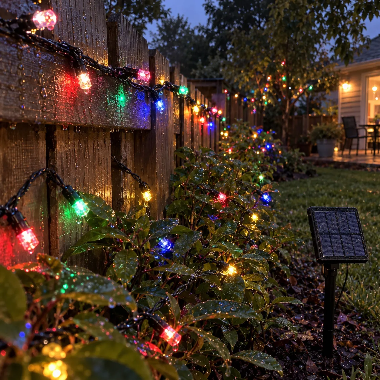 Multicolor solar string lights glowing on a wet garden fence after rain