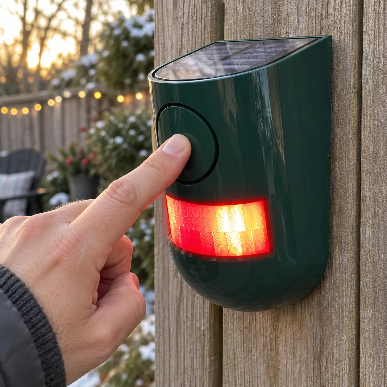 Finger pressing the control area on the green solar siren light