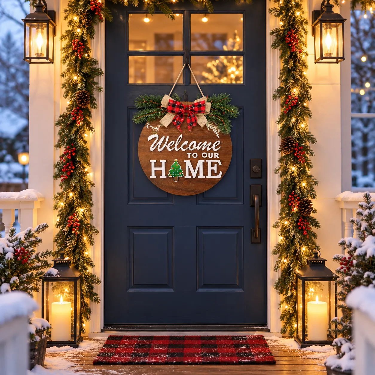 Wooden welcome sign completing a festive Christmas porch