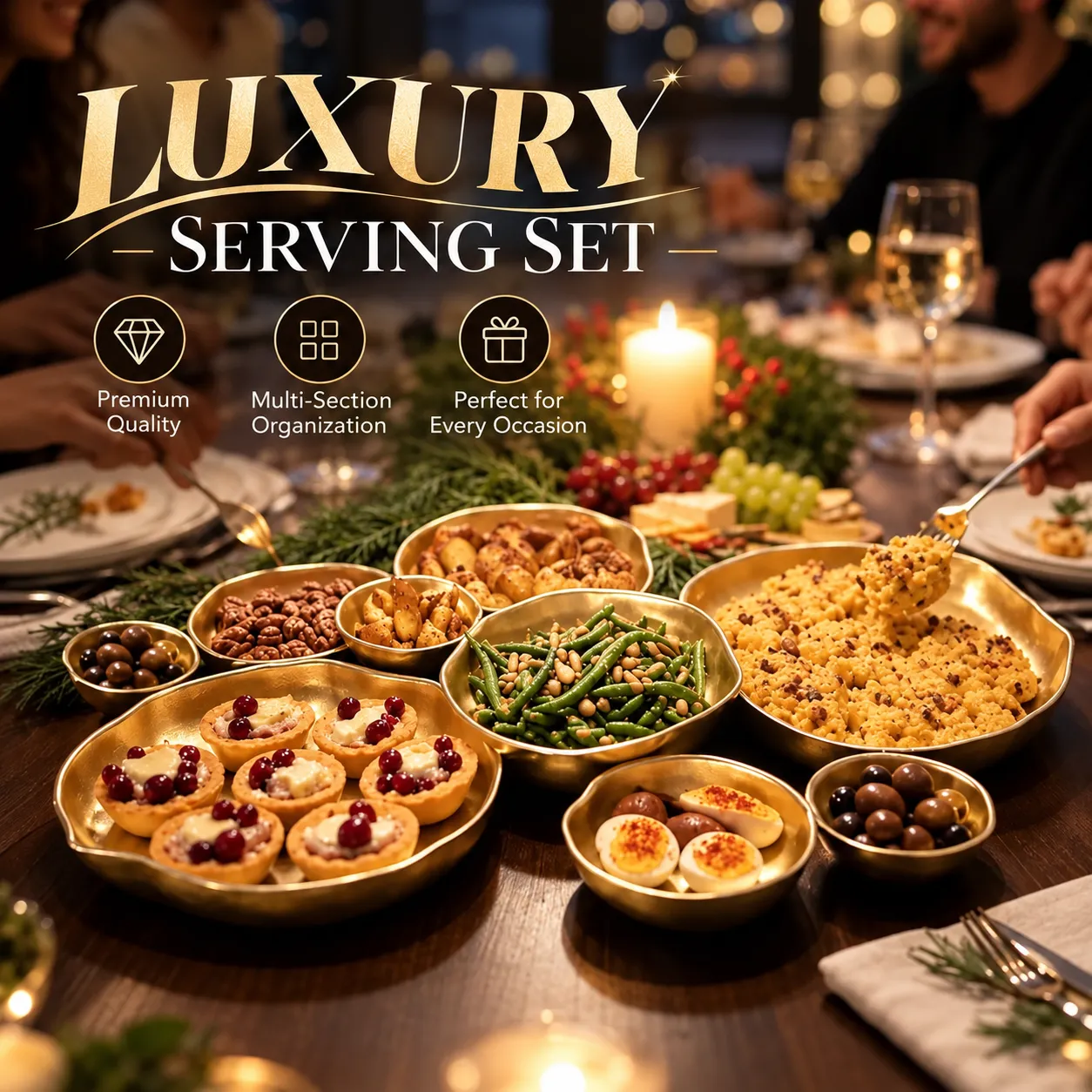 Luxury golden multi-section serving set arranged for a holiday dinner