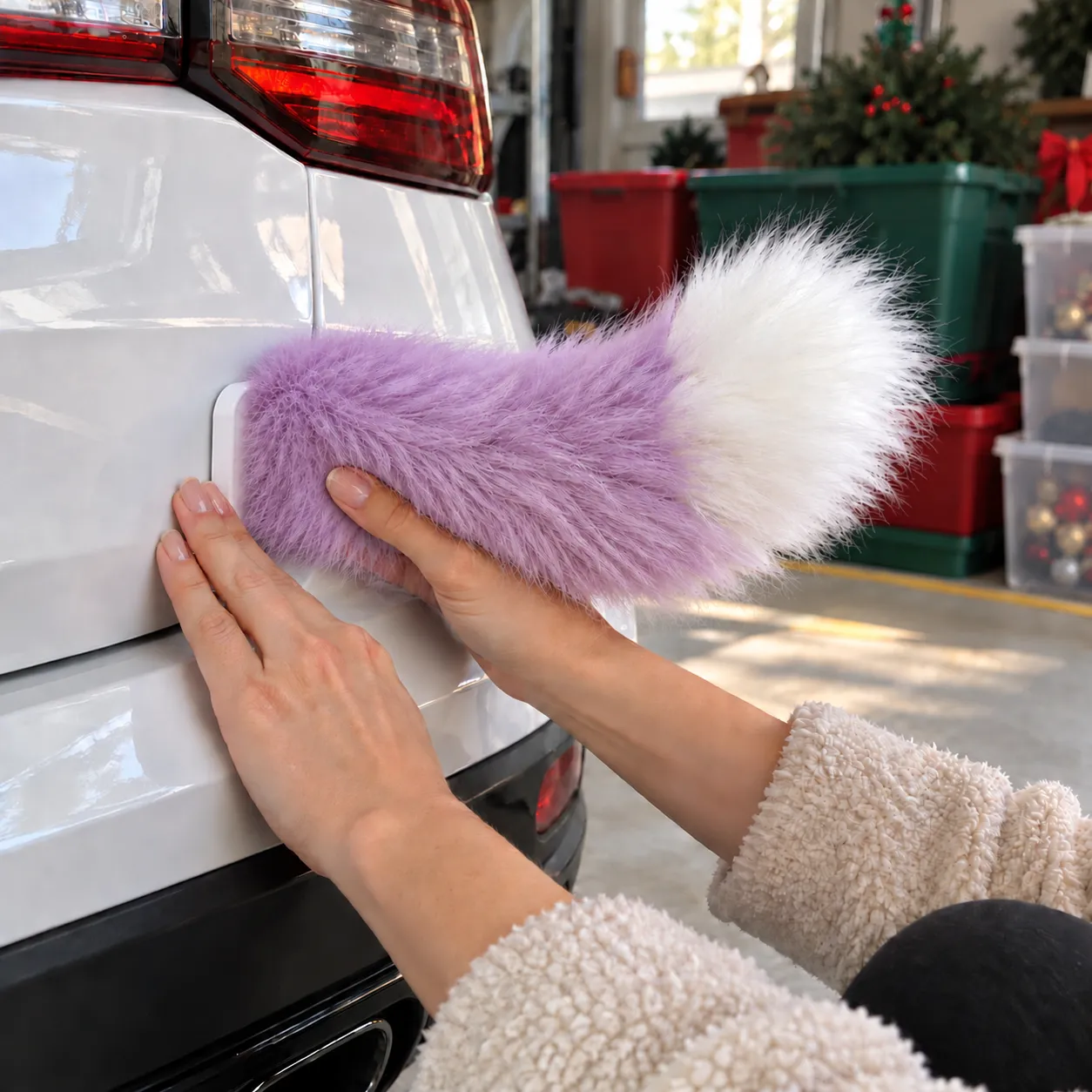 Hands pressing the adhesive tail housing onto a clean vehicle surface