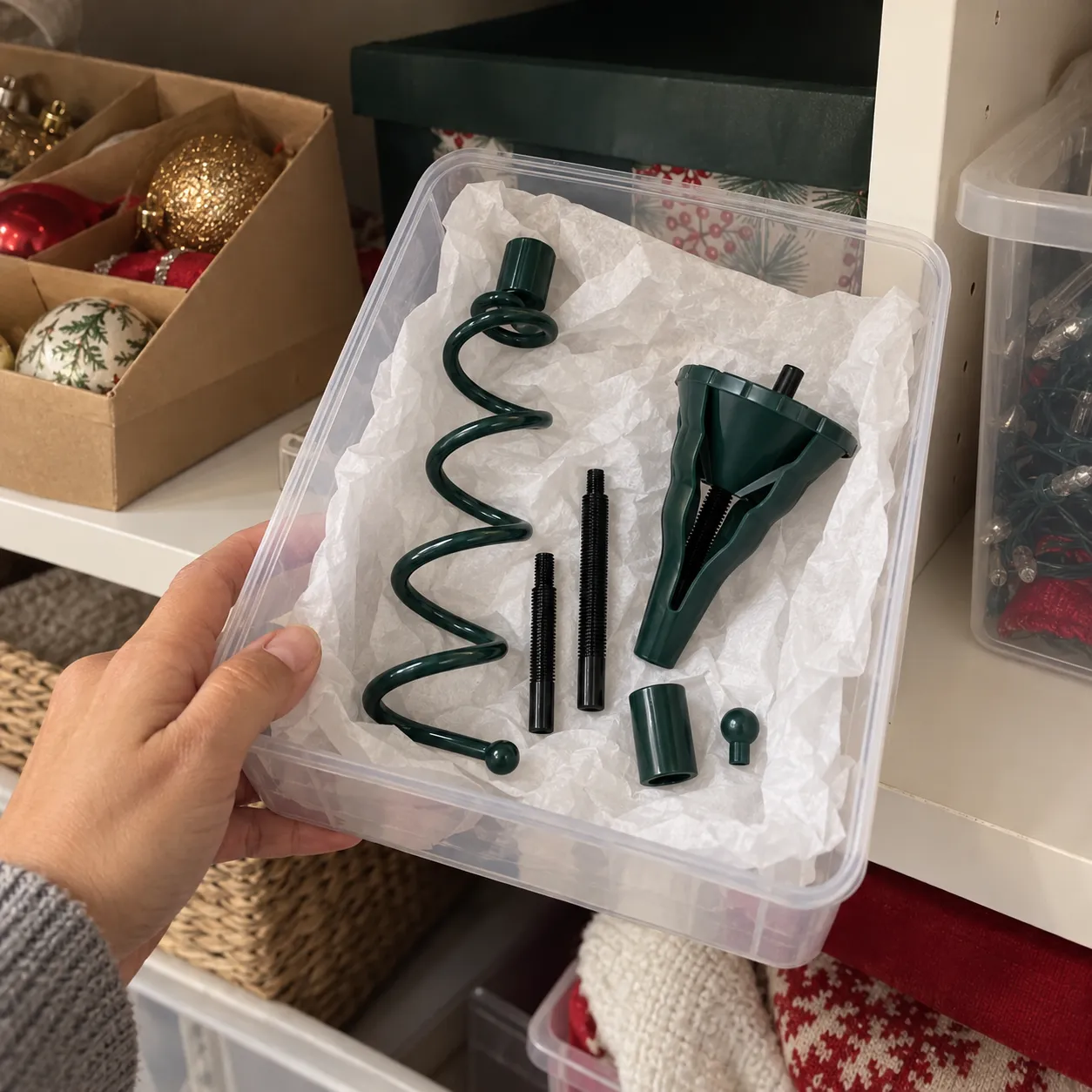 Green holder pieces stored together in a clear household organizer
