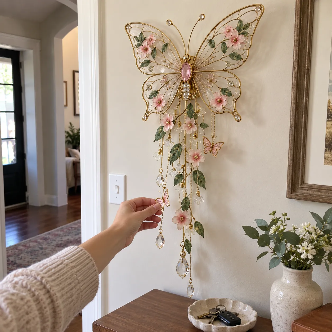 Unlit butterfly flower wall hanging in natural daylight