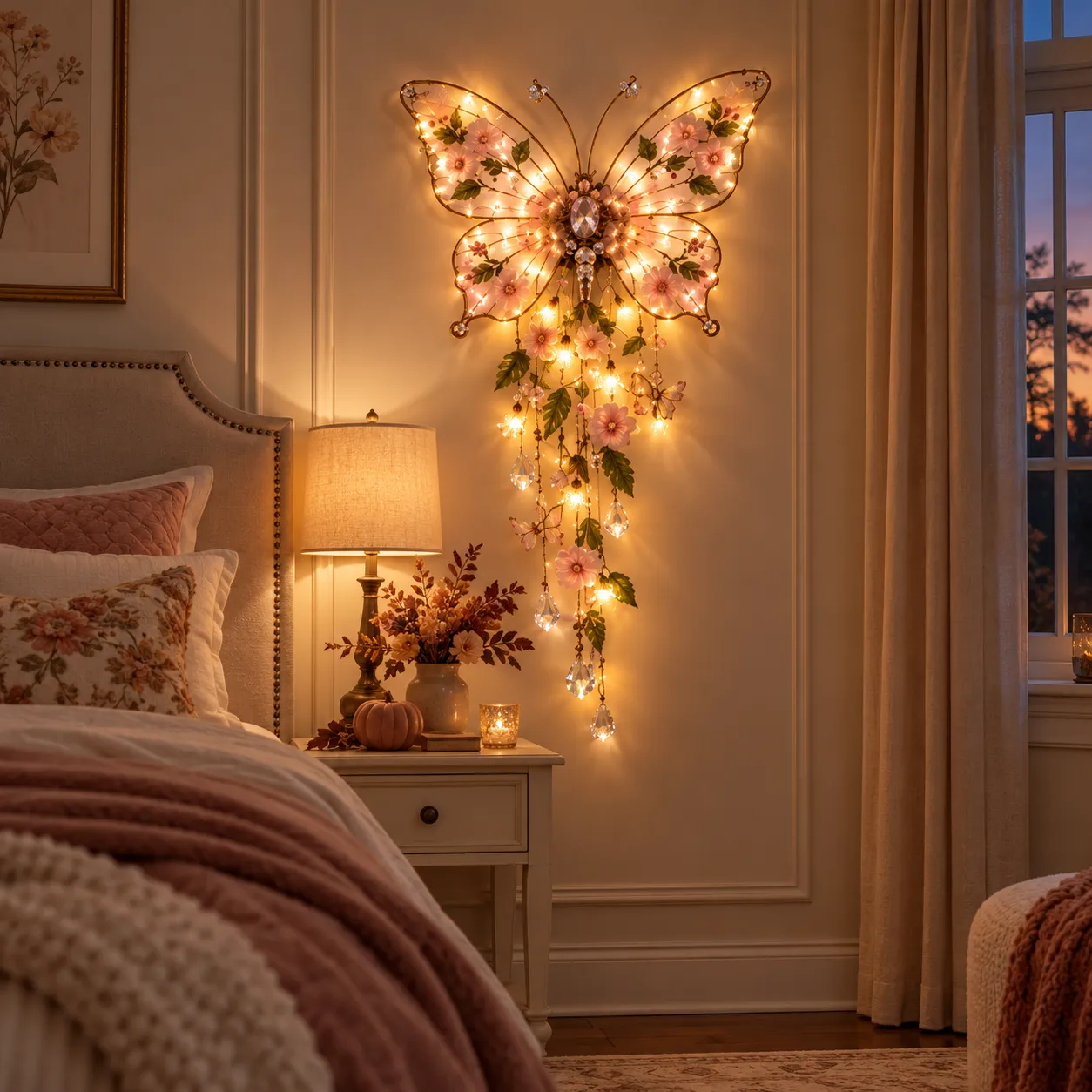 Butterfly light glowing beside a cozy bedroom