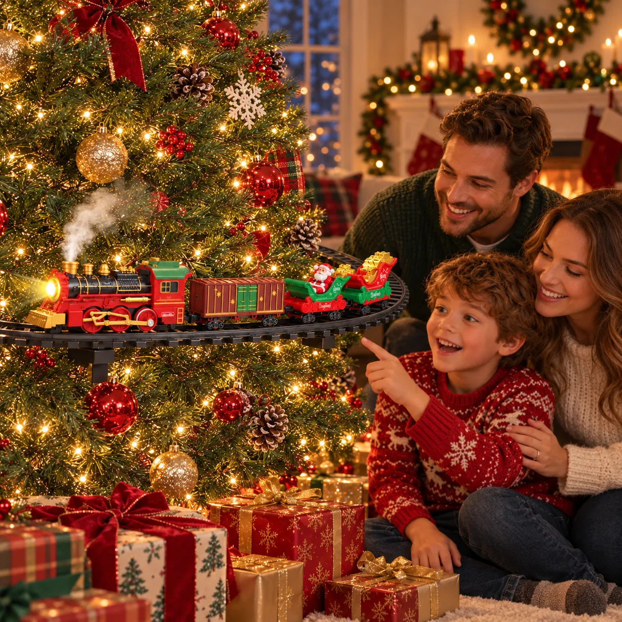 Family holiday photo moment beside the hanging Christmas train