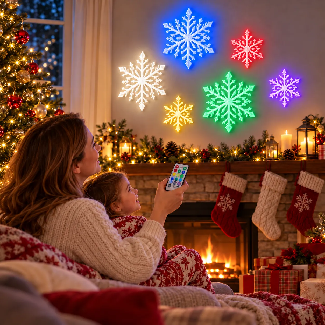 Family using the remote with six LED snowflakes in a Christmas living room