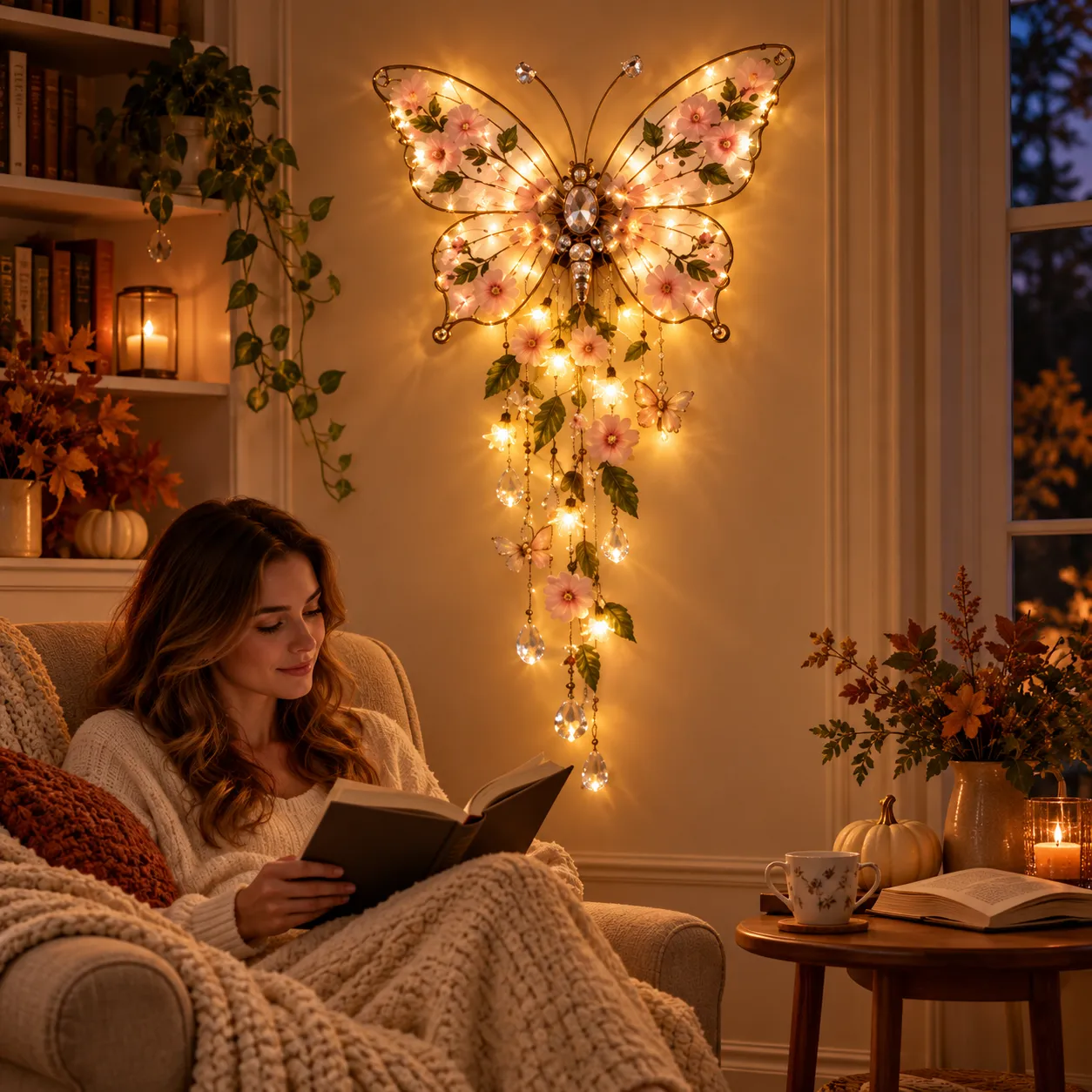 Woman reading beside the glowing butterfly flower wall light