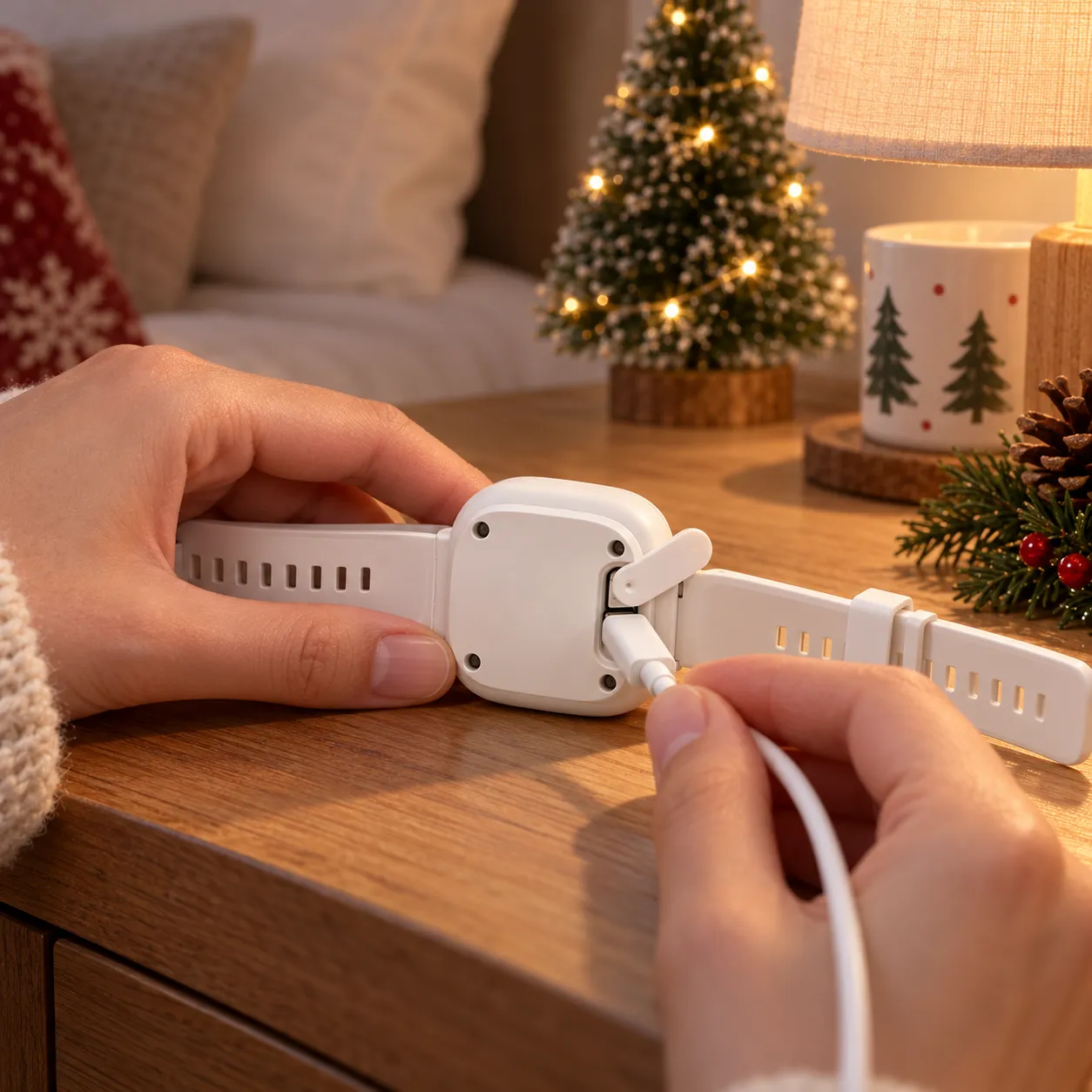 Opening the rear charging-port cover and connecting a USB cable to the SOS wrist button