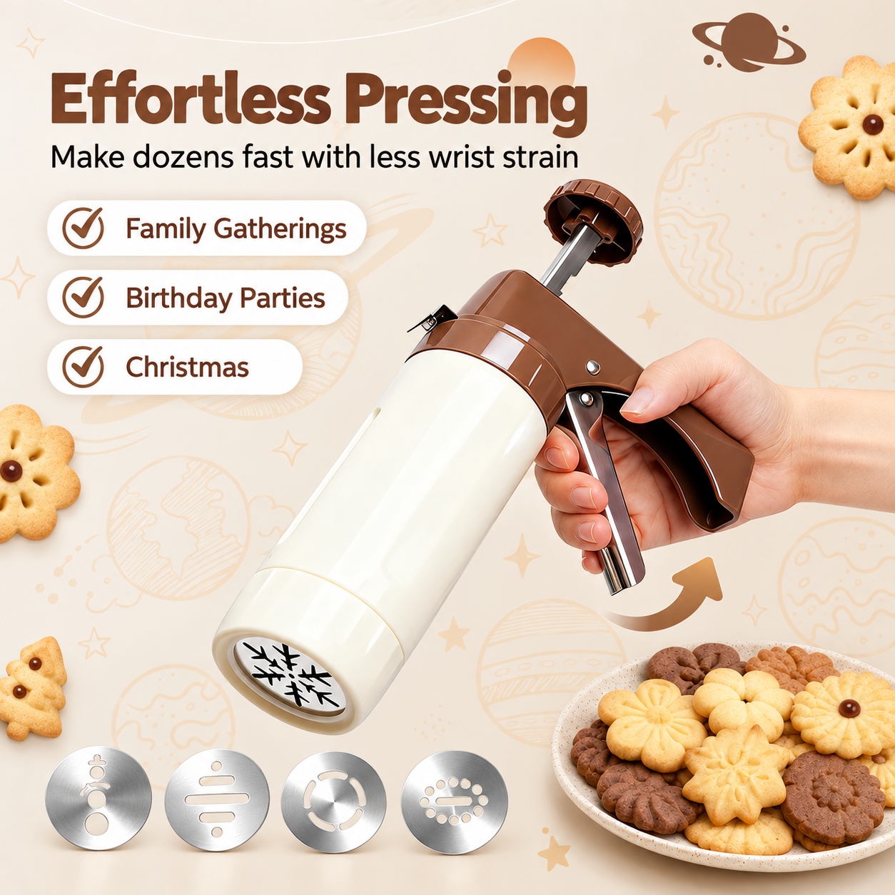 Holiday Cookie Press & Decorating Kit – 13 Discs + 8 Piping Tips