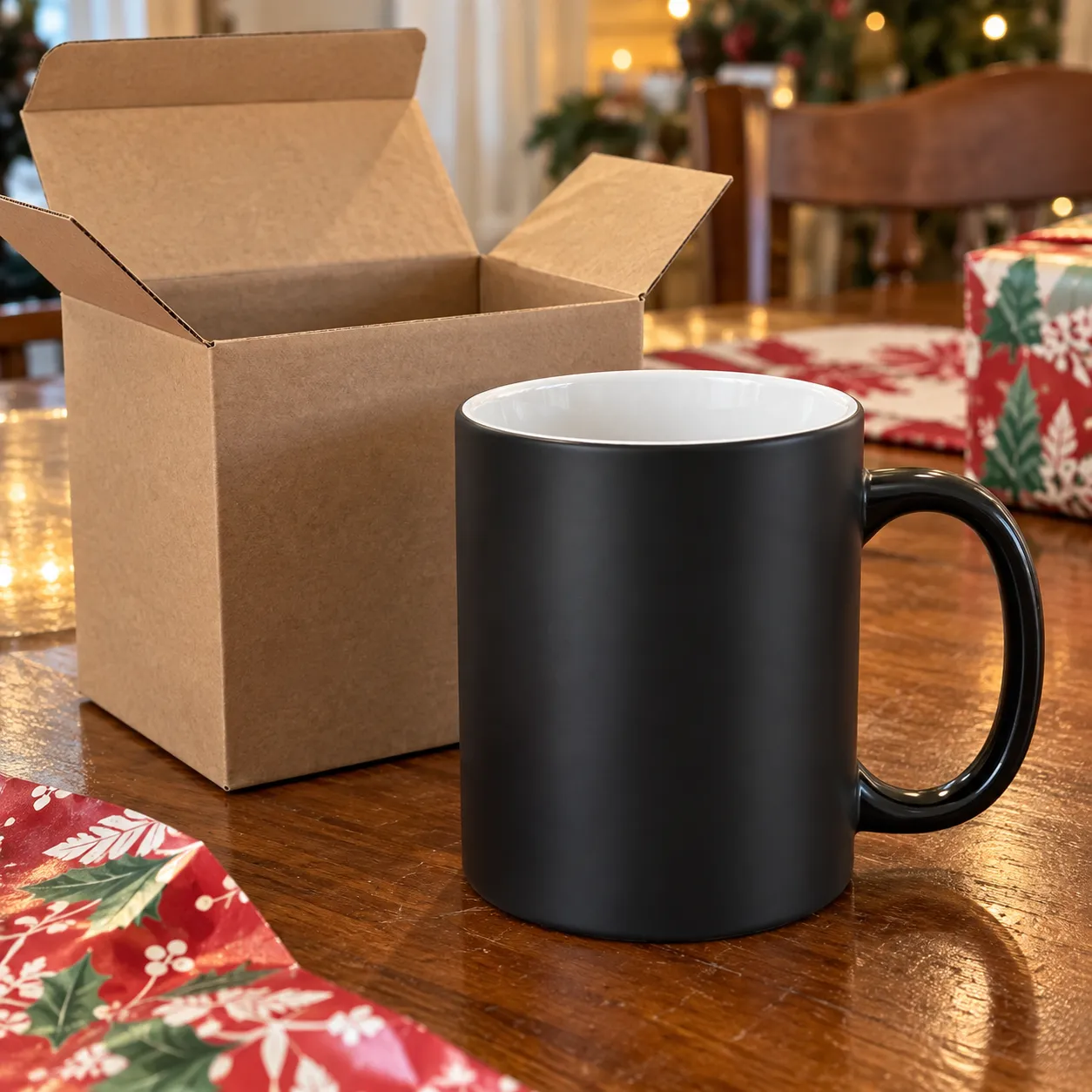 One black ceramic mug beside a plain protective box