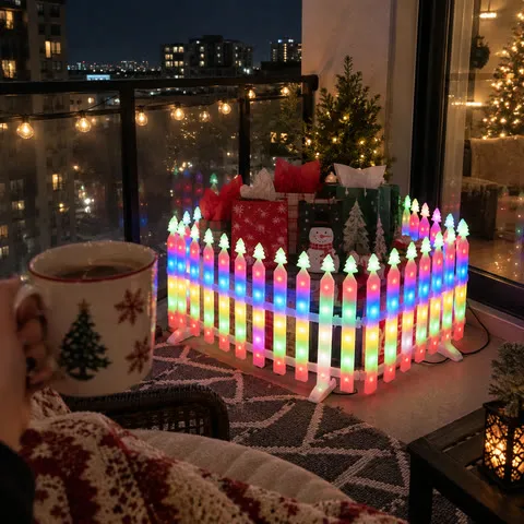 Lighted holiday fence around gift bags on a balcony