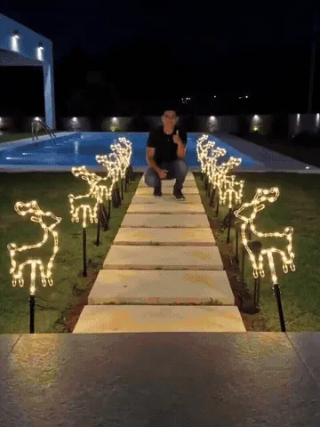 Solar reindeer pathway lights being installed and glowing along a walkway
